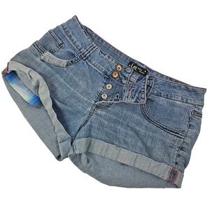 L.E.I. Ashley Low Rise "Tilly" Junior 13 Denim Shorts Blue Button Fly Cuffed Y2K